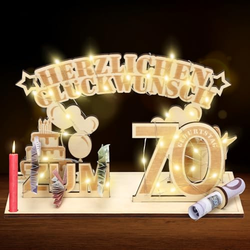 Meleager Geldgeschenke 70. Geburtstag, Holzgeschenk Dekoration mit LED Lichterkette, Geburtstagsgeschenk für Mann und Frau