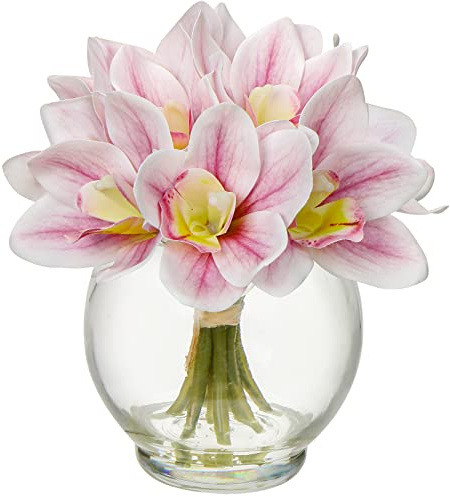 Oairse Artificial Orchid Flowers in Vase Real Touch Pink Faux Cymbidium Orchid Arrangement with Glass Vase Fake Water Decorative Artificial Flowers for Home Decor Table Centrepiece Living Room Office