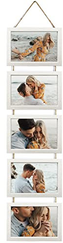 Ichigo Ichie Portafotos Múltiple Decorativo, Marcos de Fotos de Madera con Cuerda para Colgar en la Pared para 5 Fotos de 10x15cm, Blanco