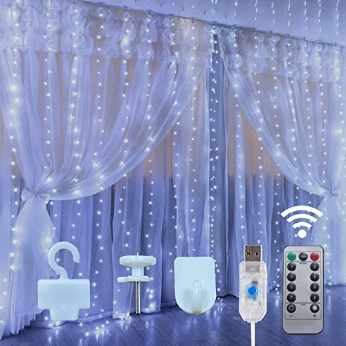 Jonurphy Tenda luminosa, aggiornamento, 3 x 3 m, 300 LED, USB, 8 modalità con 10 ganci, telecomando e timer, catena luminosa per Natale, parete, camera da letto, interni ed esterni