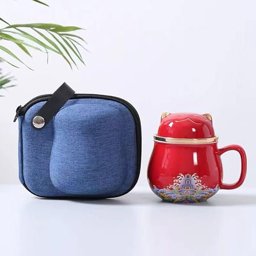 GImLY Portable Ceramic Tea Cup Set, Lucky Cat Ceramic Teapot Set With Handle, Tea Strainer, Lid And 1 Shockproof Storage Box For Travel, Outdoor And Office. (red)