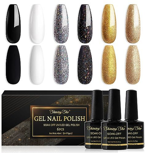Shining She Nail Polishes Set, 6 Classic colours Black White Gold Sliver Glitter Green Gel Polish Set Soak-Off UV/LED Nail Polish Gel for Nail Art Salon DIY Home, 8ML