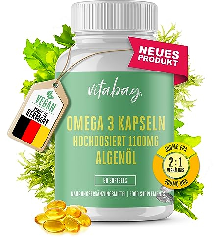 Vitabay Omega 3 Vegan 1100 mg - 60 Capsule Molli con Olio di Alga Schizochytrium sp. e Vitamina E (3,6 mg) - Vegana e ad Alto Dosaggio - Olio Ricco di DHA 600 mg e EPA 300 mg - Testata in Laboratorio