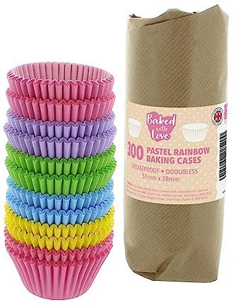 Baked with Love 50mm Pastel Rainbow Cupcake Cases - 300 Pack | Greaseproof Paper, Pink, Purple, Green, Blue & Yellow, 37mm Height, 50 Cases Per Colour