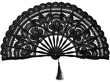 Handfächer Hochzeitsfächer Spitze Fächer Hand Fächer mit Quasten Stoff Handfächer Schwarz Handheld Faltventilator Fächer für Herren Damen Tanz Party Brauthochzeitsdekoration 27cm