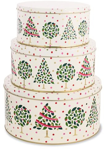 Kate Spade New York Metal Cookie Tins, 3-Piece Nesting Set, Small, Medium & Large, Christmas Containers for Gift & Storage, Evergreen Confetti Dot