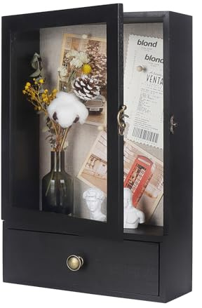 Butizone Shadow Box Frame, 3.2” Deep Shadow Box Display Case with Real Glass and Drawer, Rustic Wood Memory Boxes for Pictures, Flowers, Memorial, Medals, Wedding Bouquet for Wall or Tabletop, Black