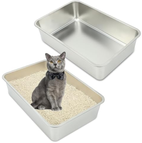 RANYPET Große Katzentoilette Edelstahl 2 Stück, Edelstahl Katzenklo für Großes Häschen und Große Katze, Katzenklo Offen, Leicht zu Reinigen Niemals Gerüche, Fleckfrei, Rostfrei, Robuste(60×40×15cm)