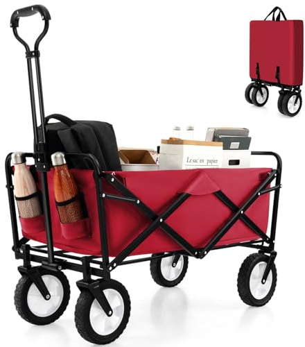 TANGZON Folding Trolley Cart, Collapsible Festival Trolley Trailer with Adjustable Handle & 2 Cup Holders, Heavy Duty Pull Along Wagon Cart for Camping Beach Garden Shopping (Red)