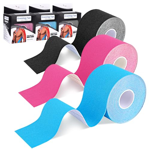 AUXHCYL Tape Sportivo, Kinesiologico Taping 3 Rotolo 5cm X 5m, Traspiranti Nastro Cerotto, Kinesio Fasciature Ideale per Ginocchia, Articolazioni, Supporto Muscolare