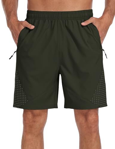MoFiz Lätta sportshorts herr korta löparshorts jogging sommarträning snabbtorkande shorts med dragkedja fickor, A-armégrön, L