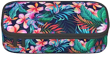DRTGEDS Federmäppchen mit tropischen Blumen, mehrere Fächer, tragbares Federmäppchen, farbiges Stifteetui für Büro