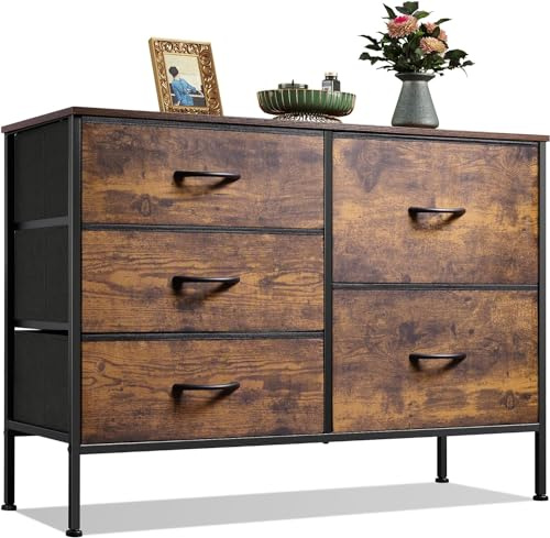 WLIVE 5 Drawer Chest of Drawers, Fabric Dresser for Bedroom, Rustic Brown | Easy Pull Handle, Wood Top and Sturdy Steel Frame, Wide TV Stand for Living Room, Kids Room, Easy to Assemble