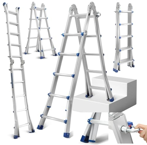 Fiqops Scala telescopica da 5,1 m x 5 gradini, in alluminio, antiscivolo, portata 150 kg/330 LB, scala in alluminio allungabile