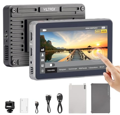 VILTROX DC-X2 Kamera Field Monitor 6 Zoll Touchscreen, 2000 nits Full HD 1980x1080, 4K HDMI in/Out, 3D LUT, Waveform, Histogram, Focus Peaking, mit Sonnenschutz & 2200 mAh Akku – Schwarz