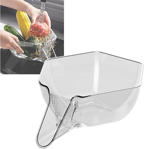 Multifunktionaler Abflusskorb, 2024 neue Siebe und Siebe mit Ausguss, Obstreinigungsschüssel mit Siebbehälter, Küchenspüle, Abtropffläche für Lebensmittel, Obst, Nudeln (Transparent, 1PCS)
