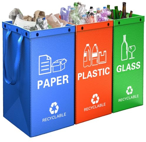 KAOHONG Mülltrennsystem Taschen 3 Fächer für Plastik, Glas, Papier Perfekt als Mülltrenner, Pfandflaschen Aufbewahrung, Recycling-System Organizer, Altpapier-Sammler für Küche, Haushalt, Büro