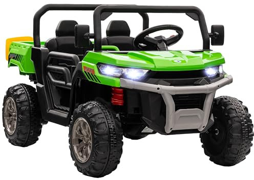 HOMCOM 2 Seater Kids Ride Age 3+ On Car with Electric Bucket, 12V Battery Powered Electric UTV with Shovel, Parental Remote, 4 Spring Suspension Wheels, Working Horn, Music - Green