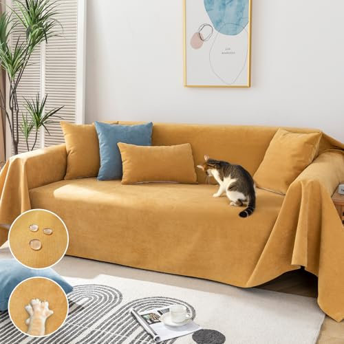 Royhom Kratzschutz Sofa Katze, Chenille Sofa Überzug Wasserdicht, Sofaschoner rutschfest, Couch Überzug Ecksofa, Sofabezug L Form, wasserdichte Decke, Couch Überwurf Gelb, 340x180 cm