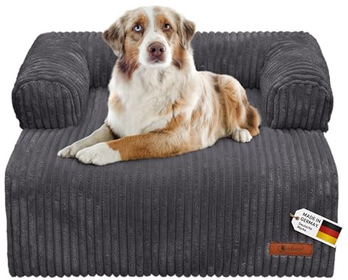 Belune Hundecouch Deluxe - waschbar [Dunkelgrau, L - 120cm x 95cm] Hundebett Plüsch, Hundecouch, Sofaschutz kleine & Mittelgroße Hunde