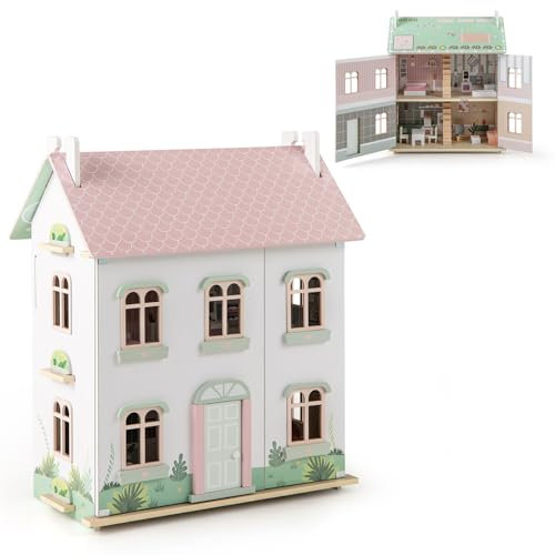 HOMASIS Maison de Poupée pour Enfants à 3 Niveaux, Maison de Rêve pour Poupées en Bois avec Mobilier, Accessoires, Toits Double-Face, Portes Ouvrantes pour Enfants de 3+ Ans, 55 x 33,5 x 66 cm