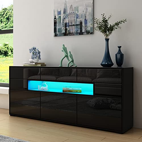 Buffet moderne noir avec 3 portes, 5 tiroirs et éclairage LED - Meuble de rangement contemporain pour salon et cuisine - Meuble TV - 150 x 35 x 72 cm