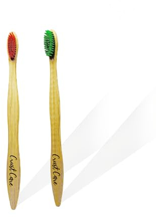 Crust Care Biologisch abbaubare Bambus-Zahnbürste, Familienpackung (5er-Pack) mit farbigen Borsten, einzeln verpackt + 1 Zungenreiniger aus Bambus – Mundpflege-Set