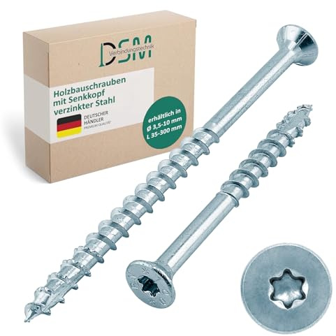 DSM – Holzbauschrauben 4 x 60 mm – Senkkopf mit Torx TX20 – 200 Stück | galv. verzinkt – ETA-Zulassung [TrueSpec] Sägezahnschliff – mit Reibschaft, Fräsrippen & Cut-Spitze, Spanplattenschrauben
