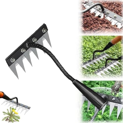 Introti Rastrillo de hierro Gardenia 2025, rastrillo de hierro 2.0 para jardinería y deshierbe, rastrillos de acero al carbono de 5/6/7/8 dientes, herramienta de deshierbe de jardín para patio trasero