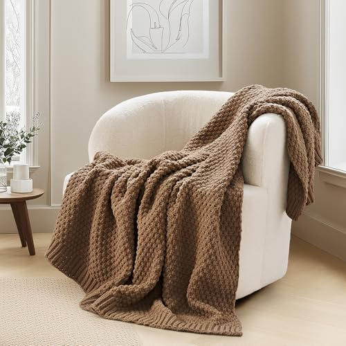 EVERGRACEHOME Chunky Chenille Knit Throw Blanket for Couch, Soft Luxurious Moss Stitch Blankets for Bed, Cozy Decorative Farmhouse Knitted Throws for Sofa, Camel Brown, 50 x 60