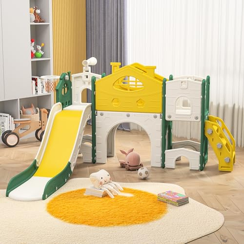 Kinderrutsche 7 in 1, Kinder Rutsche mit Klettergerüst, Basketballkorb und Tunnel Outdoor Spielplatz für Kleinkinder Babyrutsche Indoor Spielplatz für Garten Kleinkinder (Gelb, Einzelrutsche)