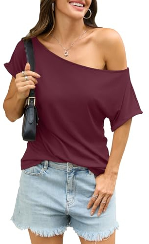 EasyGala Womens Off Shoulder Tops Sexy Short Sleeve Shirts Loose Summer Tee | Asymmetrical Design, One Shoulder Top, Boat Neck, Rolled Sleeve, Casual Loose Fit, Cute Going Out, Daily Wear, Vacation