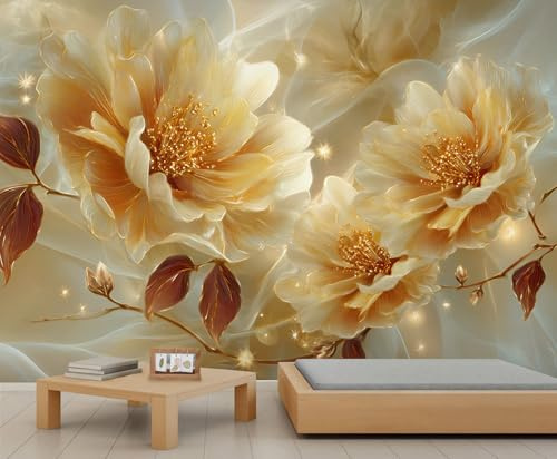 YEMYOR 3D Floral Mural Wallpaper Golden Flower Wall Mural European Relief Flower Wallpaper Abstract Luxury Marble Sofa Background Murals for Living Room Bedroom-450x300cm