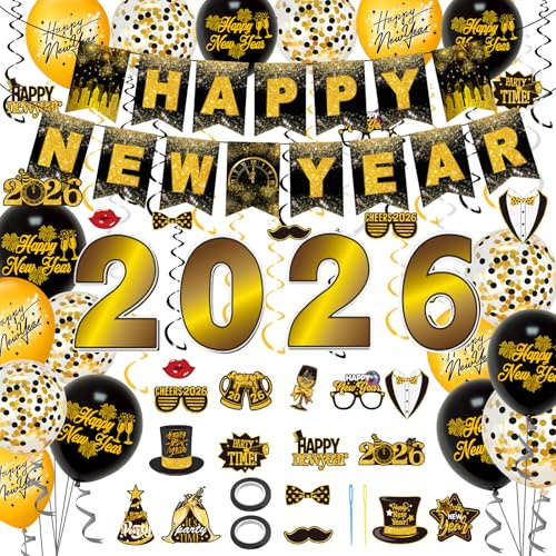 Silvester Deko 2026 XXL Set, Happy New Year Deko mit Girlande, Folienballons, Latexballons, Fotorequisiten, Glänzende Silvesterdeko für Neujahrsparty, Perfekte Deko Silvester 2026 Partyset