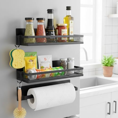 Magnetic Spice Rack for Refrigerator, 3-Pack Magnetic Shelves with Paper Towel Holder & 4 Hooks, Strong Magnetic Fridge Organiser for Kitchen Storage, Black Carbon Steel Rust-Proof Spice Organiser