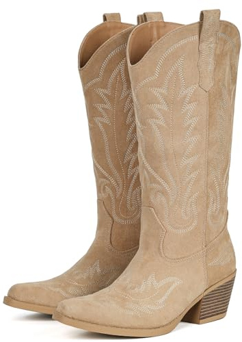 Fioralie Suede Cowboy Boots for Women Western Mid Calf Cowgirl Boots with Embroidered, Retro Snip Toe Fashion Boot With Chunky Block Heel Summer Fall Country Music Festival Cowboy Chic