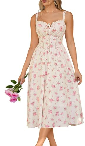 SCARLET DARKNESS Robe corset à motif floral pour femme - Robe d'été décontractée avec poches, Abricot Rose Floral, XXL