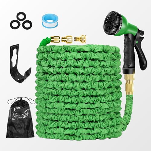 Garden Hose Pipe Expandable 30m(100ft) Heavy Duty Flexible with Spray Gun, 3/4 1/2 Solid Brass Fittings, Triple Latex Core, 8 Fuctions Kink Free Leak Proof Hosepipe, Green