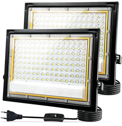 Yuaiosn 2 Piezas Focos LED Exterior 100W, Resistente al Agua IP66 Foco Proyector LED, 1.5M Cable Blanco Frío 6500K Proyector LED Exterior, 10000LM para Estadio, Almacén, Taller, Aparcamiento