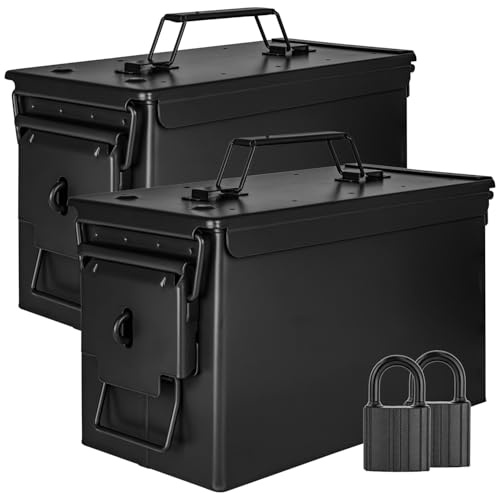 Trucky 2x Munitionsbox mit Schloss 31x16x19 cm Ammo Box Metallkiste Metallbox Munitionskiste Aufbewahrungsbox mit Deckel Army Schwarz Metall