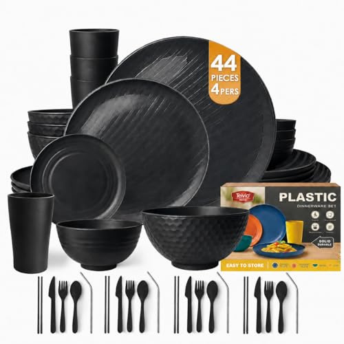 Teivio 44-Piece Kitchen Reusable Plastic Round Dinner Set for 4, Dinner Plate, Dessert Plate, Cereal Bowl, Sauce Cups, Cup, Unbreakable Plastic Plate and Bowl Set, Outdoor Camping Dishes, Black