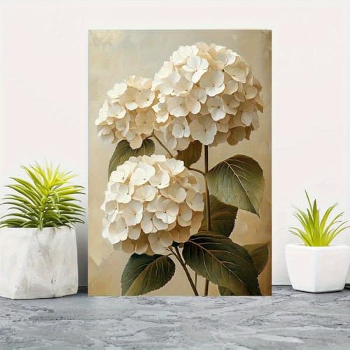 JKEVCBIAX Affiche artistique Hortensia - Fleurs blanches élégantes et feuilles vertes, décoration murale botanique style ferme (50x70cm/sans cadre)
