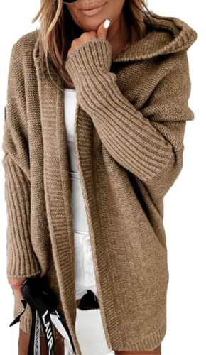 Tjock stickad kofta, lång kofta, långärmad tjock stickad jacka, jacka med huva, vinterrockar, långstickad jacka, ytterkläder, En khaki, XL