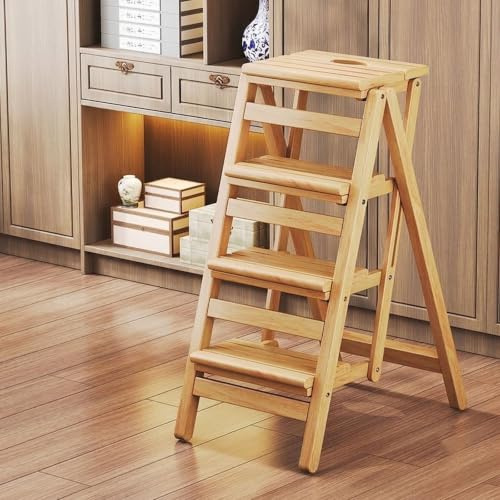 RASJCGRCOA Silla Escalera 2 en 1, Escalera Plegable de Madera Maciza, Taburete Escalera Multifunción para Cocina y Salón, Mueble Convertible, Ahorra Espacio, 150 kg(Natural Wood,4-Tier)