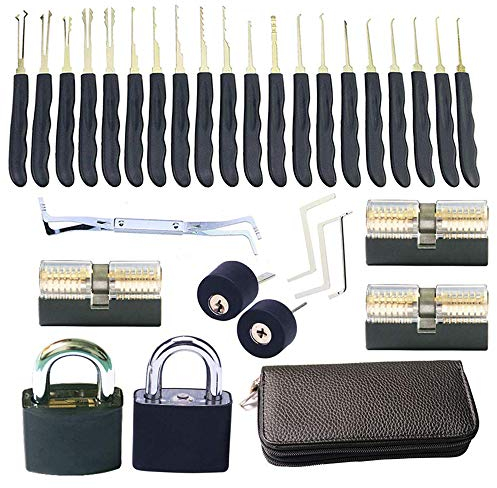 Loboo Idea 24-teiliges Dietrich-Set und 7 Stück klare Übungs- und Trainingsschlösser mit schwarzem Holster für Lockpicking/Anfänger und Profi-Schlosser