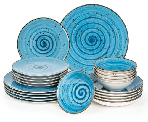 PORZELLAN Tafelservice Geschirrset 24-teilig handbemalt, kratzfest für 6 Personen | 6x Essteller, 6x tiefe Suppenteller, 6x Dessertteller und 6x Schüsseln | Blue Lagoon