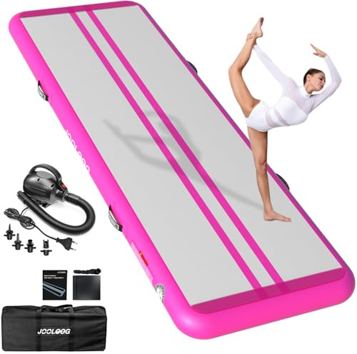 JOOLOOG Air Tumbling Matte Track 20 cm hoch 4 m Turnmatte Aufblasbare Gymnastikmatte mit Elektrischer Luftpumpe Trainingsmatte für Zuhause, Turnhalle, Garten, Yoga, Cheerleading, Fitness, Rosa