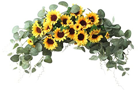 INIFLM Künstliche Sonnenblumen-Girlande, 30 Hochzeitsbögen, dekorative hängende Blumengirlande mit grünen Blättern für Party Haustür Wanddekoration