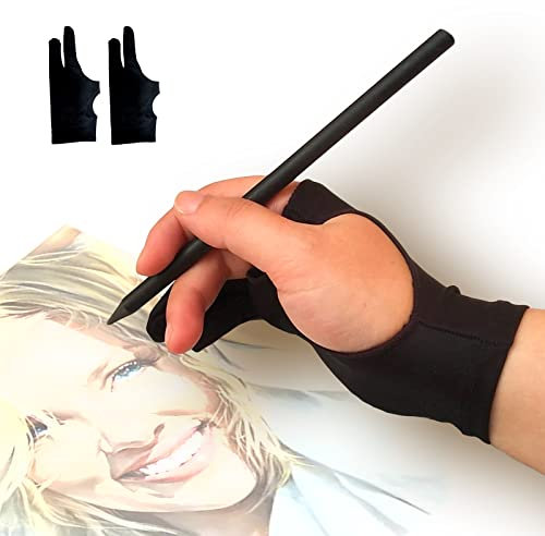 Drawing Glove, Strengthen Tight-Fitting Type Digital Art Glove for Graphic Tablet, Artist Gloves with Two Fingers for iPad, Paper Sketching, Smudge Guard (2 PCS, Middle)