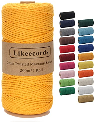 Likeecords Makramee Garn 2mm x 200m Baumwollgarn Makramee-Seil, Makramee-Schnur,Bunte Baumwoll-Bastelschnur zum Aufhängen Pflanzenaufhänger Basteln Stricken (Golden)
